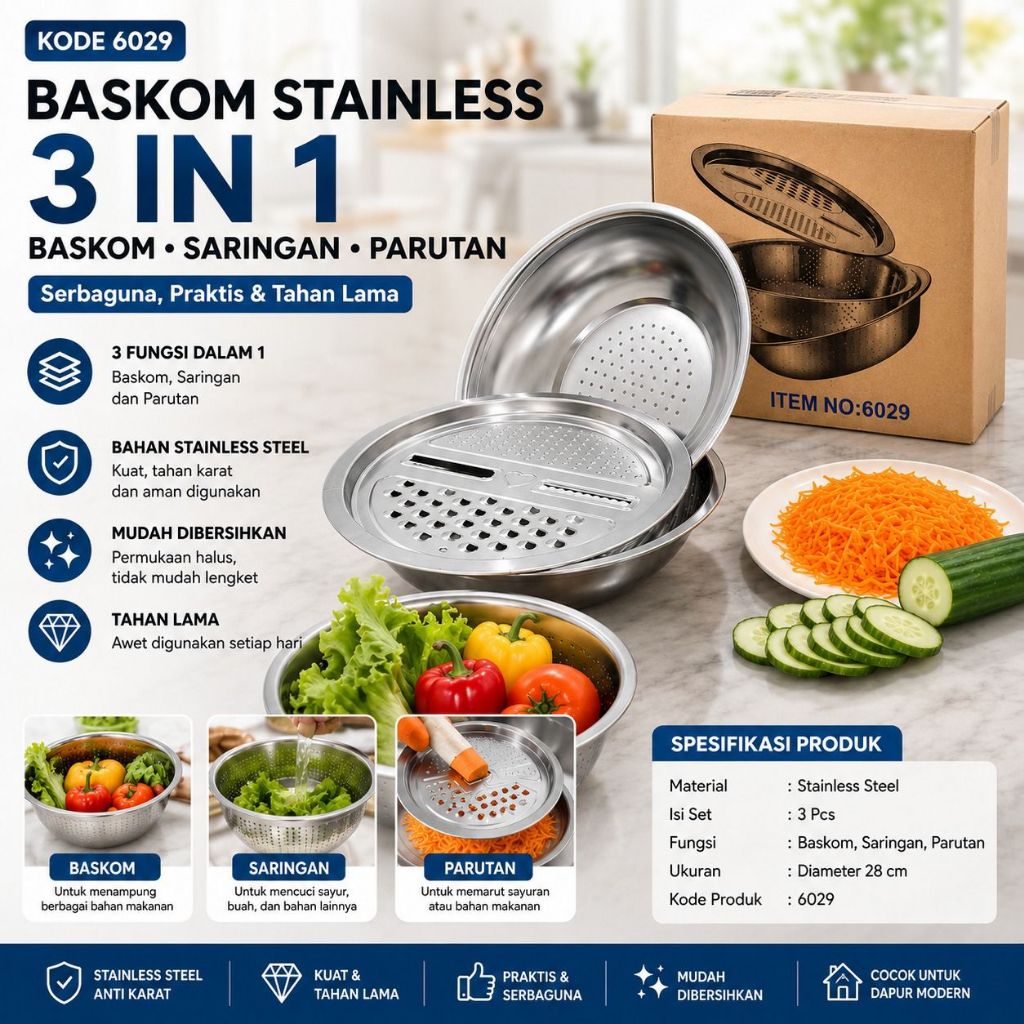 Viyata kartika - Baskom parutan stainless 3 in 1 multifungsi pengiris pencuci buah dan sayuran serba