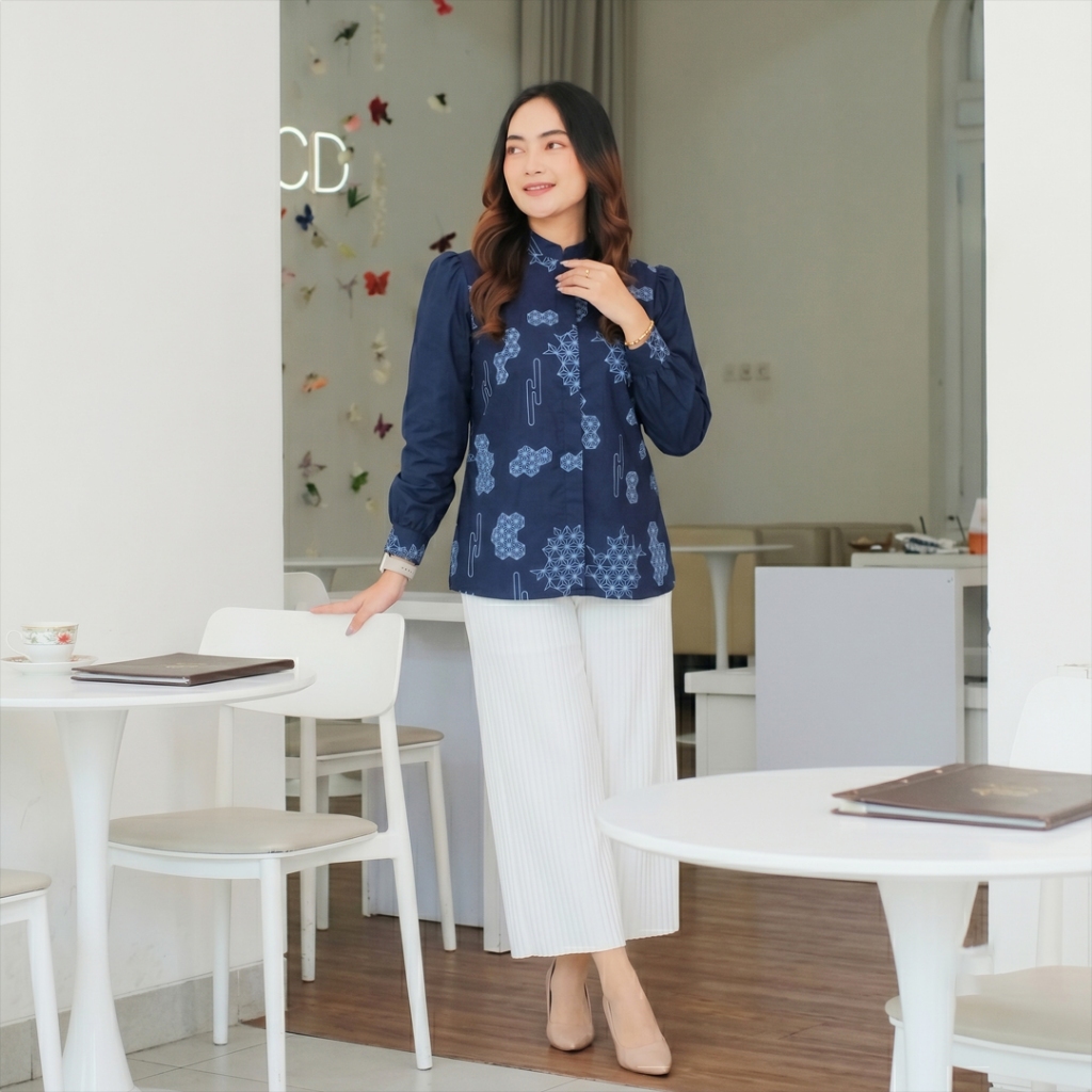 WouBatik - Atasan Blouse Batik Kombinasi Wanita Elegant Modern Katun Batik Cap Premium Lengan Panjan