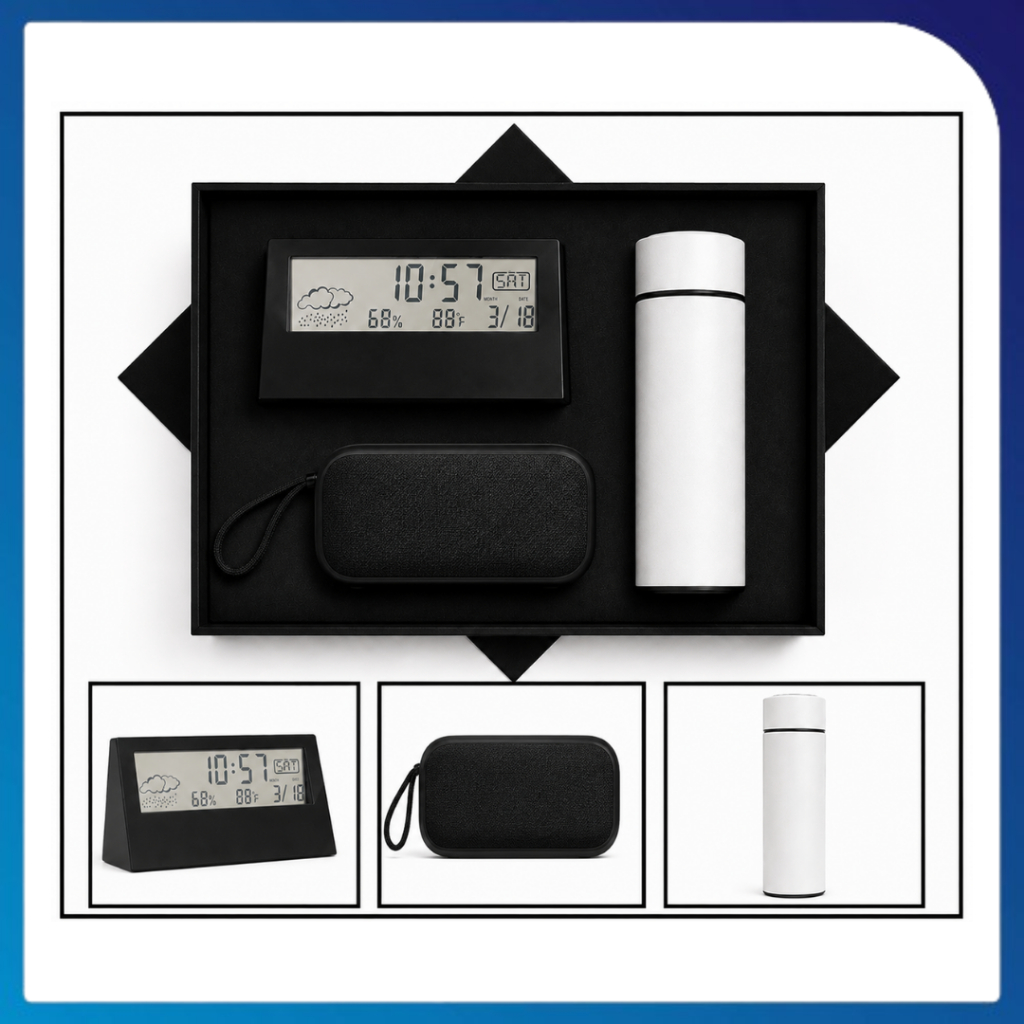Gift Set E – Digital Clock + Bluetooth Speaker + Tumbler Sakura + Hard Box by Simpul Media