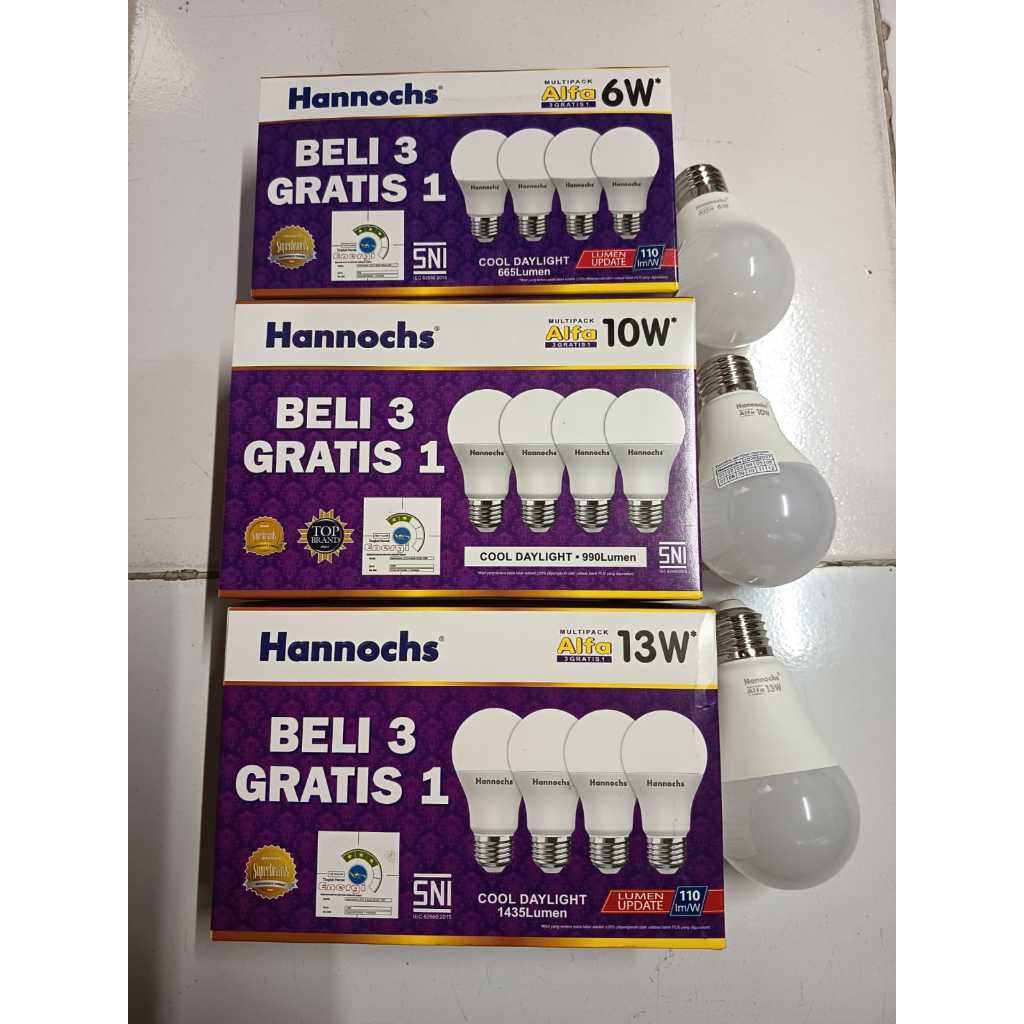 PAKET Hemat Beli 3 Gratis 1 Hannochs Lampu Led Alfa 6 Watt, 10 Watt &13 Watt | Paket Hemat  Bohlam L