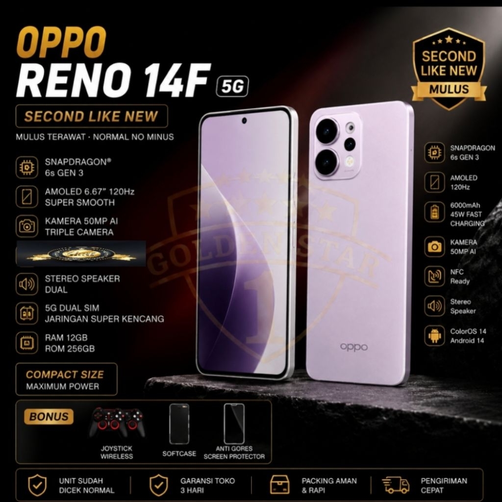 HP Oppo Reno 14F RAM 12GB 256GB Second Mulus Bonus Anti Gores Softcase Joystick