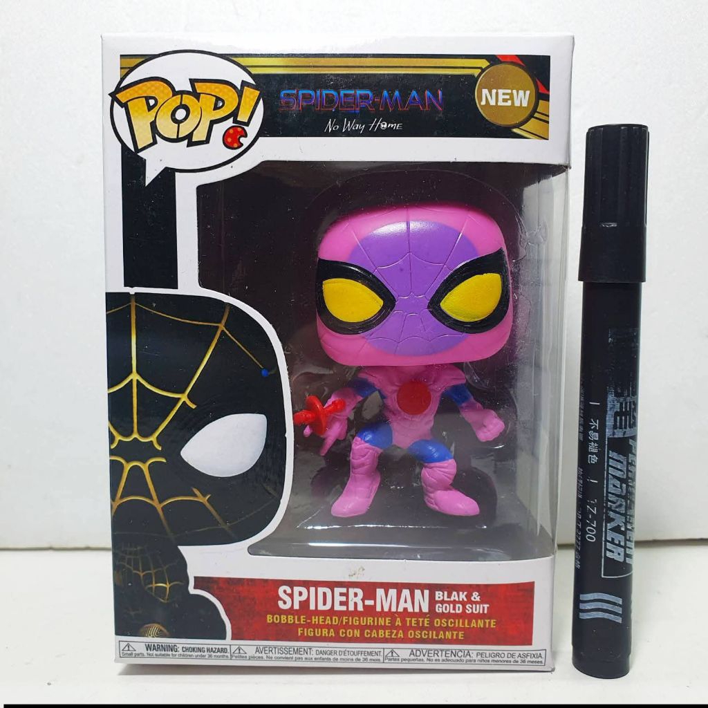 mainan action figure funko pop spiderman black and gold suit no way home pinktinggi sekitar 3 inchCW