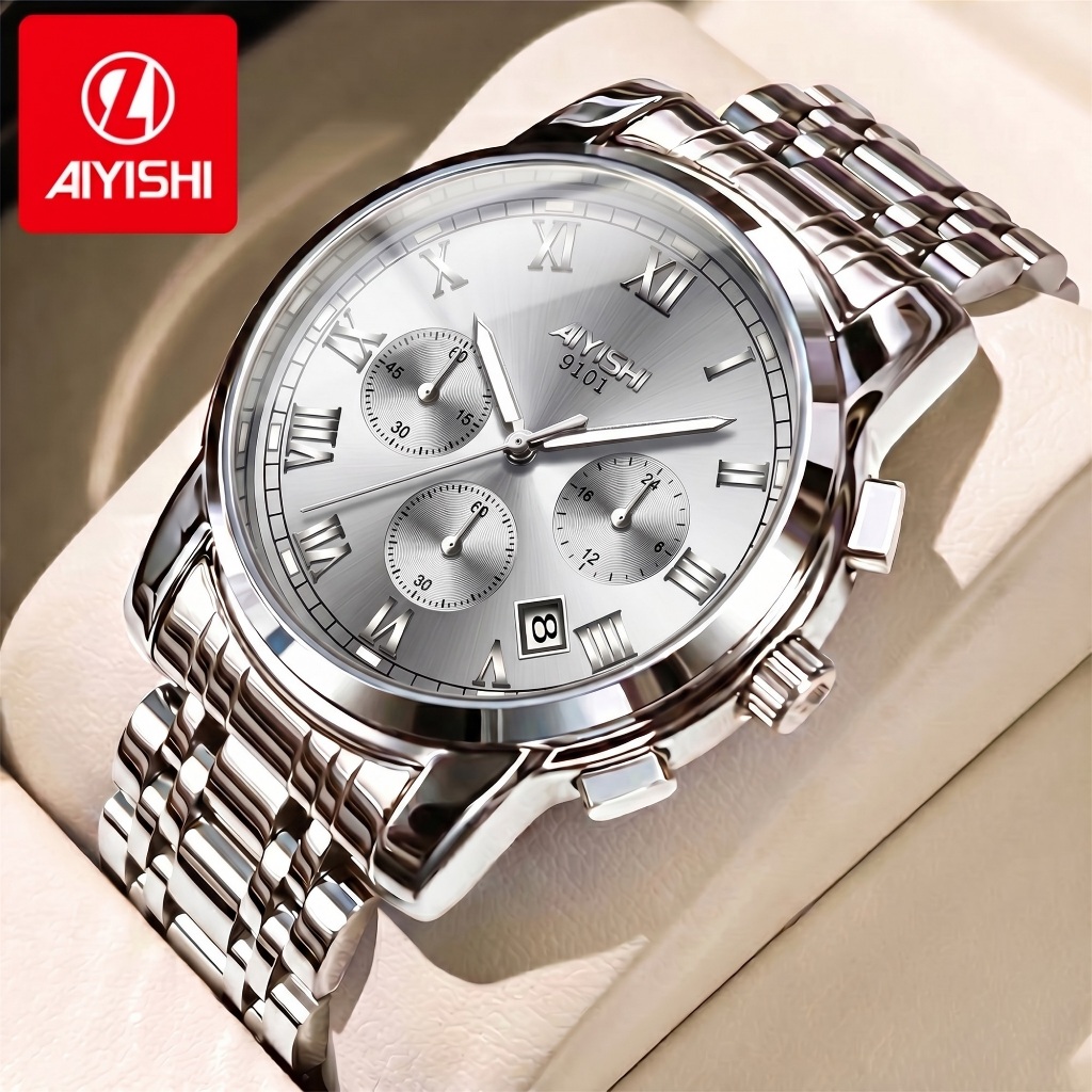AIYISHI Jam Tangan Pria Anti Air Original Stainless Steel Chrono Aktif Cowok Luminous Kalender Analo