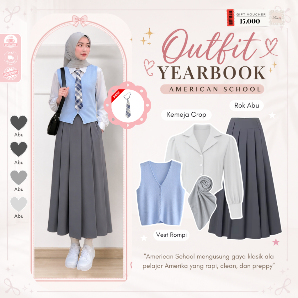 LAGI VIRAL Set Outfit Korean Style American School Wanita ( Kemeja Crop + Vest Rompi + Rok Rempel ) 