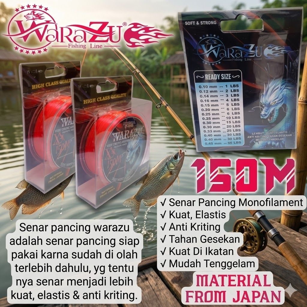 SENAR PANCING WARAZU 150M MERAH GLOSSY ANTI KRITING KUAT ELASTIS MUDAH TENGGELAM TAHAN GESEKAN & KUA