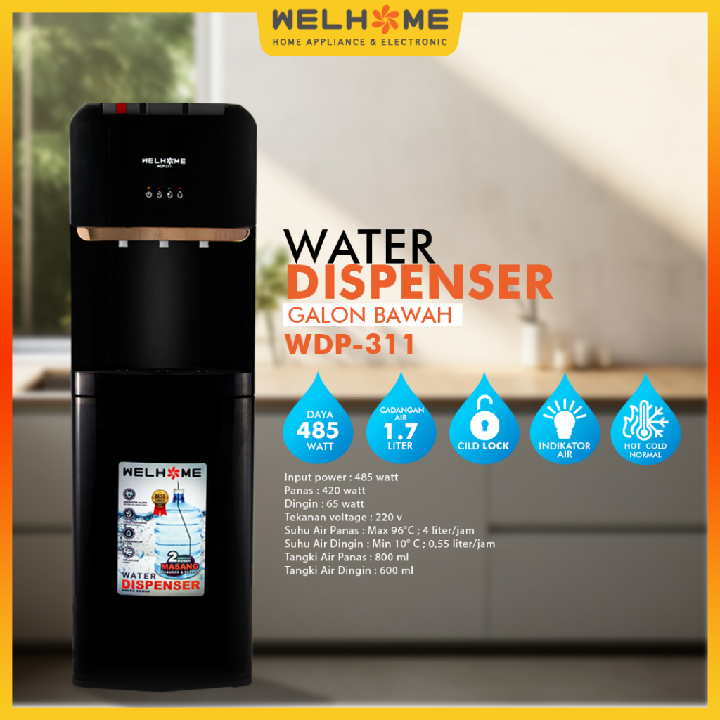 WELHOME Dispenser Galon Bawah Low Watt Dispenser Bottom Loading 3 Kran Panas Dingin Normal WDP-311/W