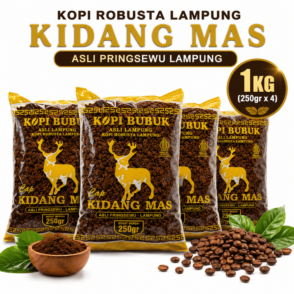 1kg Kopi Bubuk Robusta Lampung wangi dan nikmat, Kopi Kidang Mas Asli Pringsewu ( 4 x 250gr )