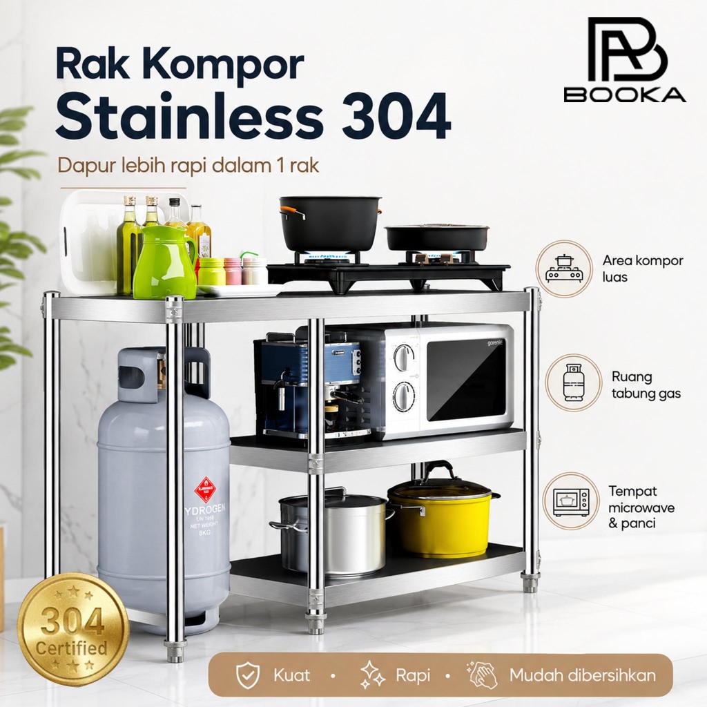 SUS 304 Meja Kompor Stainless Steel 3 Lapisan 150x40x80cm Tahan Karat, Mudah Dibersihkan, Kapasitas 