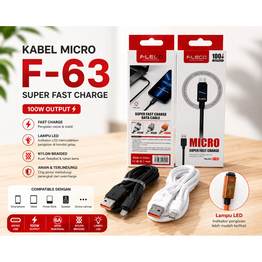 Super Fast Data Cable ORIGINAL FLECO F-63 6A Led 100W USB To MICRO / Type-C Kabel Fast Charging F63 