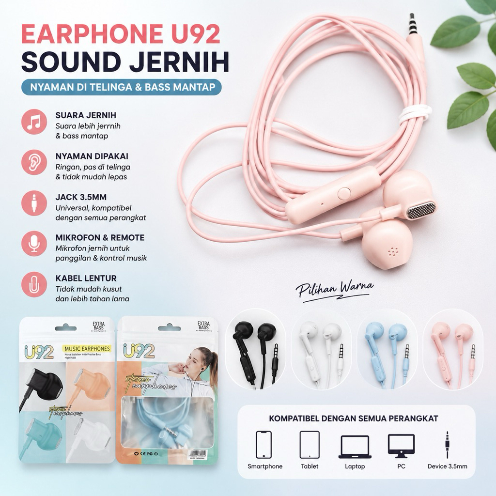 Earphone - Handsfree - Headset U92 MACARON + Mic EXTRA BASS STEREO HF Universal Jack 3.5mm