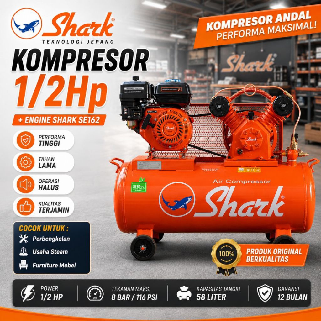 Kompresor SHARK 1/2HP JVUE-5112 Made INDONESIA BERGARANSI(Bahan Bakar Bensin)
