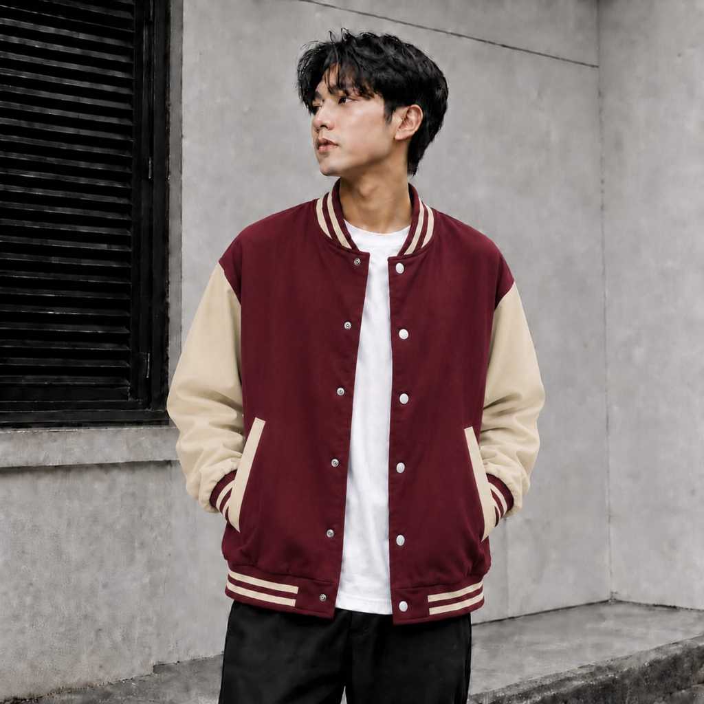 Jaket Varsity Polos Marun Cream Unisex ( Pria - Wanita ) Jaket Varsity Kancing