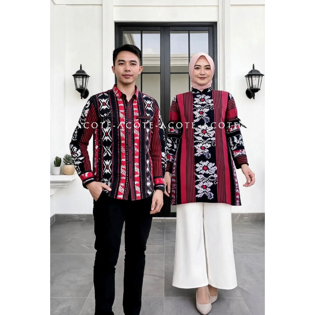 Tunik Tenun Sandra Mawar Merah Couple Modern Muslimah Premium Lengan Panjang ( Sarimbit Tenun)