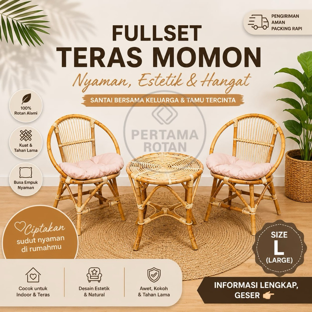 1Set kualitas+ kursi teras rotan momon size L lengkap dengan meja dan bantal duduk/kursi teras rotan