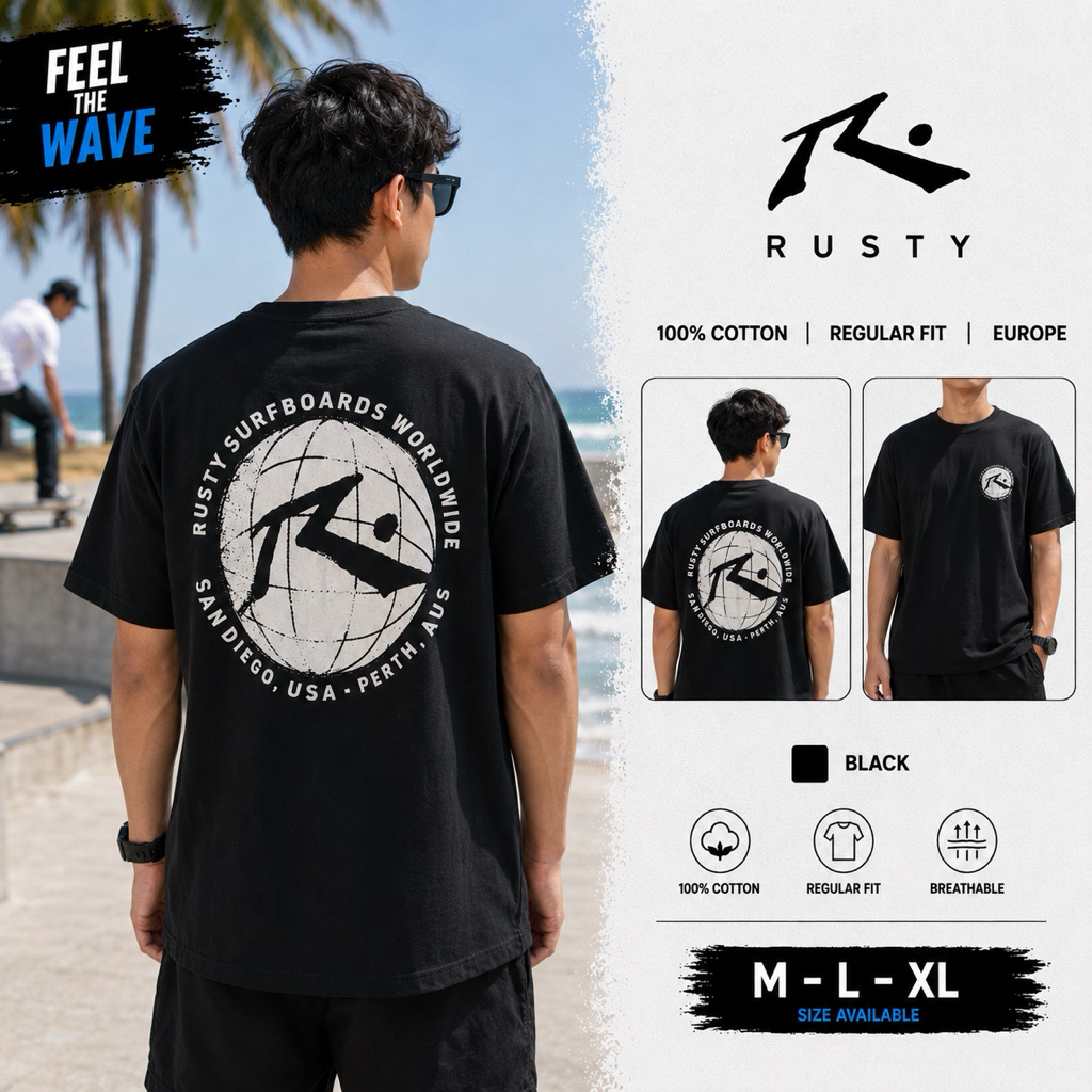 Rusty Original T-Shirt Pria Back Logo | Kaos Rusty Worldwide Premium Cotton Regular Fit