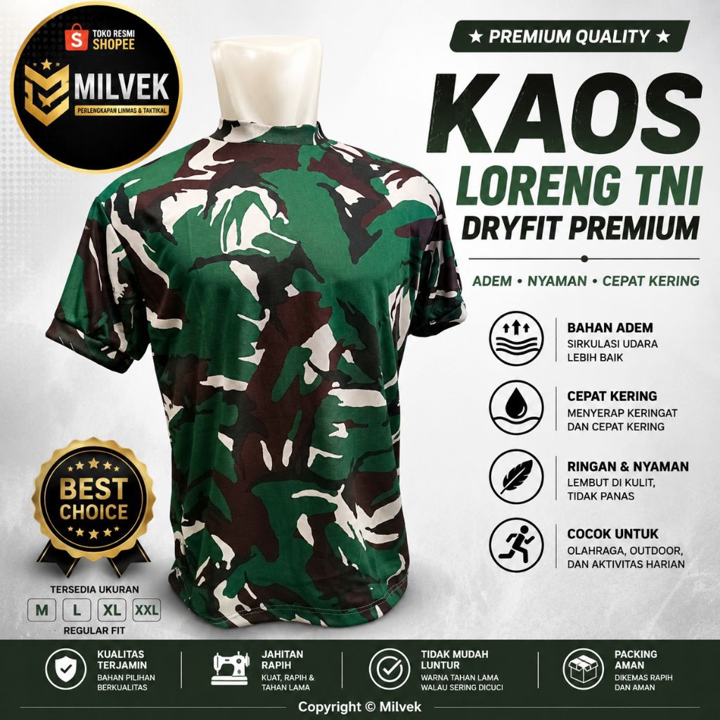Kaos Dryfit Loreng TNI AD Premium | Kaos Tactical Dryfit TNI AD | Kaos Army Loreng TNI AD Premium | 
