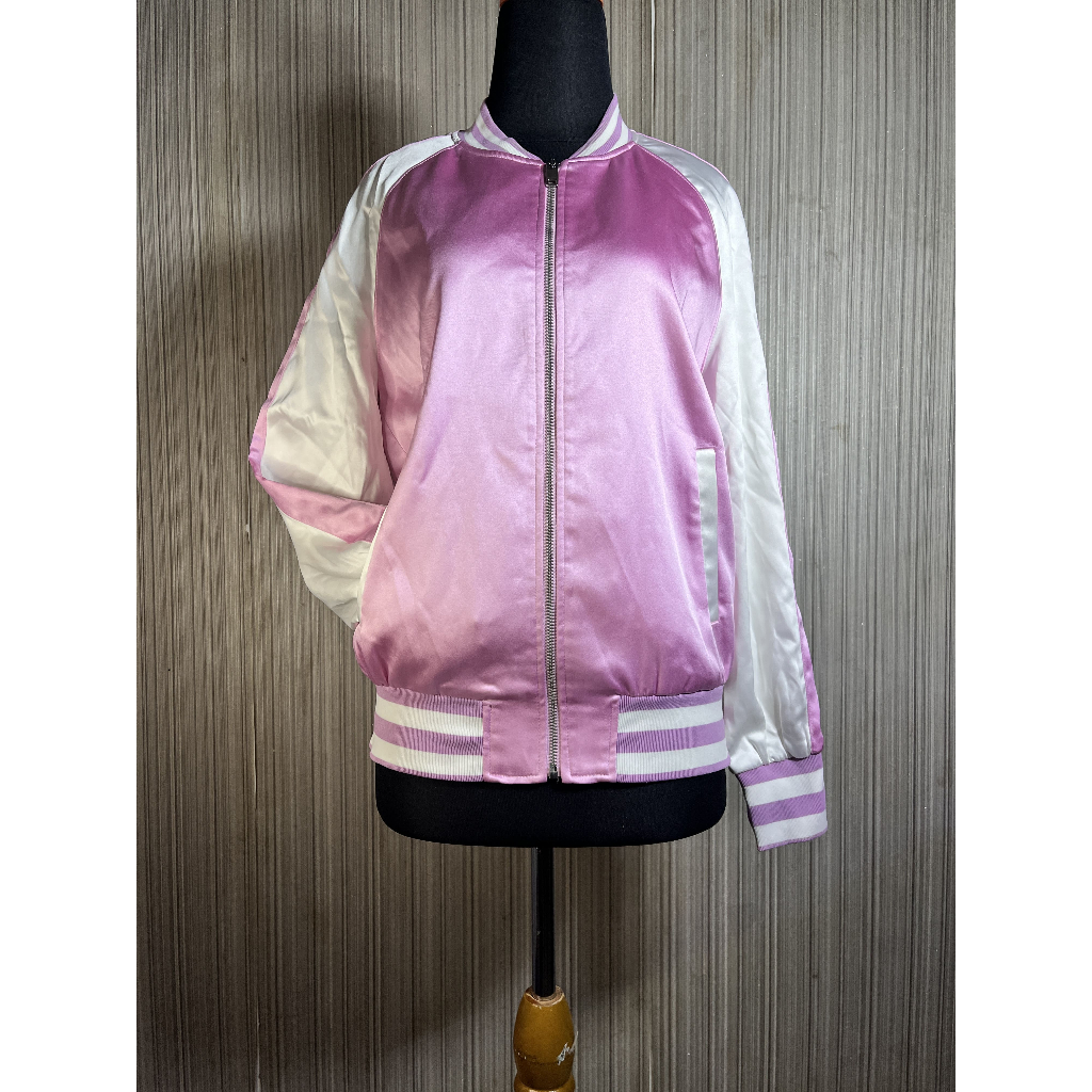 Pink Satin Sukajan Bomber Jacket - Jaket Bomber Sukajan Satin Pink Kombinasi Putih