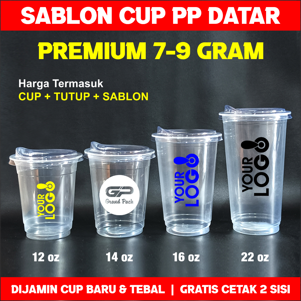 Gelas Cup PP 12 oz Datar | Cup PP Datar 12 oz + Tutup + Sablon