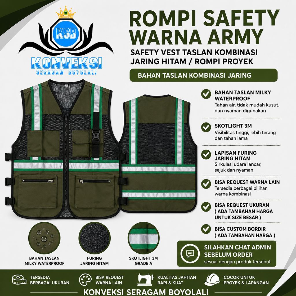 ROMPI SAFETY WARNA ARMY / SAFETY VEST TASLAN KOMBINASI  JARING HITAM/ROMPI PROYEK