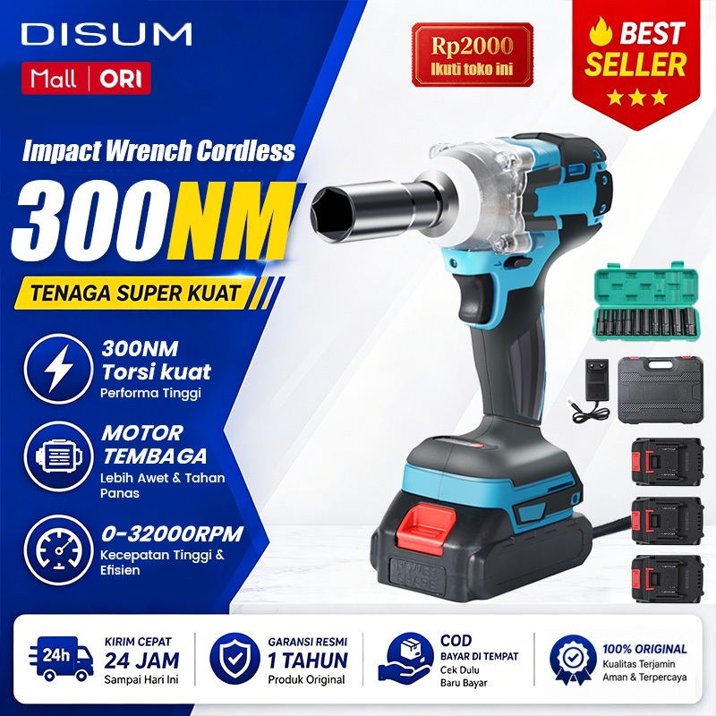 VICTOOL Mesin Bor Impact Wrench Mesin Bor Reaim Cordless Impact Wrench 300Nm 0-32000RPM Mesin Bor Vi