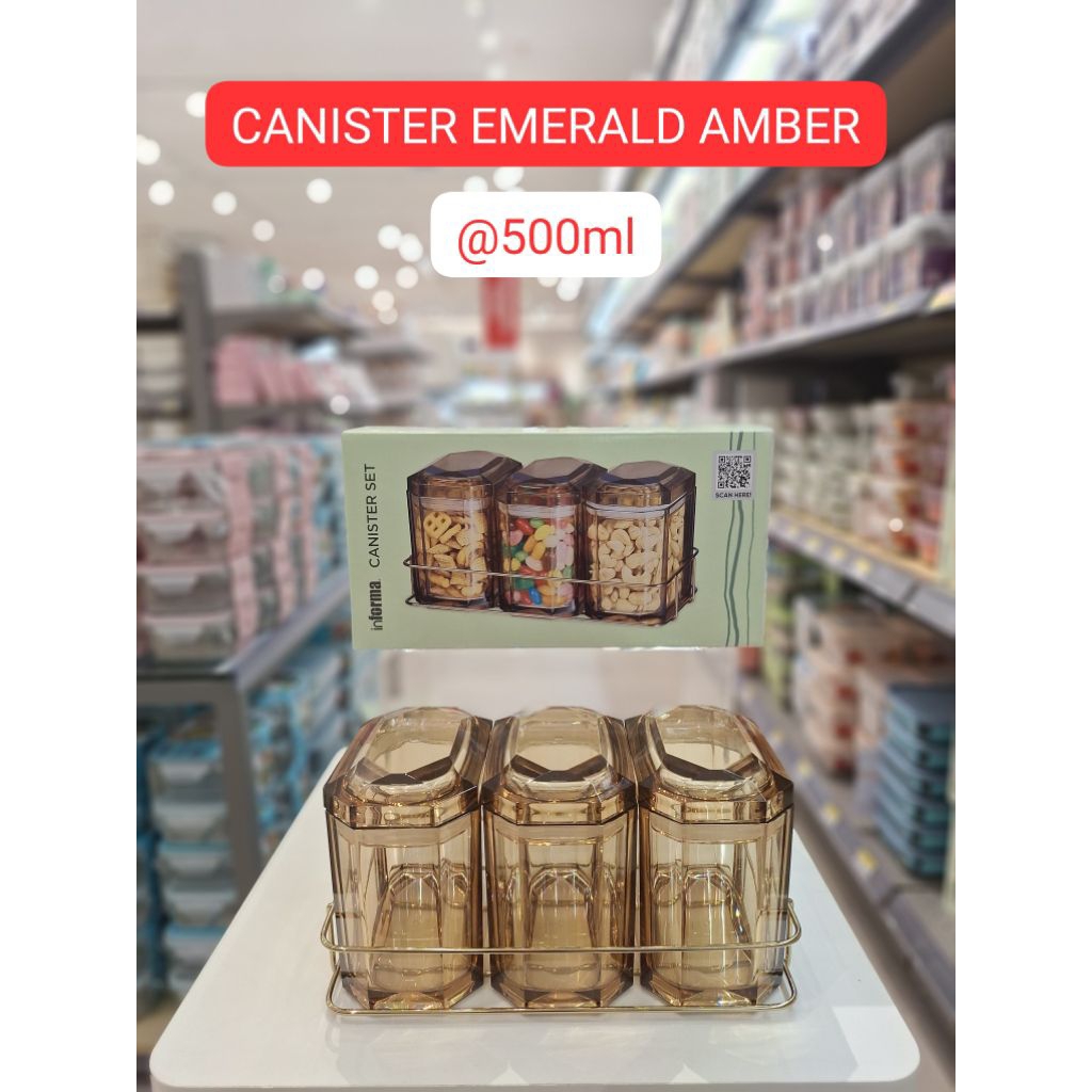 Informa anber stoples dengan rak emerald plastik 500ml set 3pcs coklat/toples kue informa dengan rak