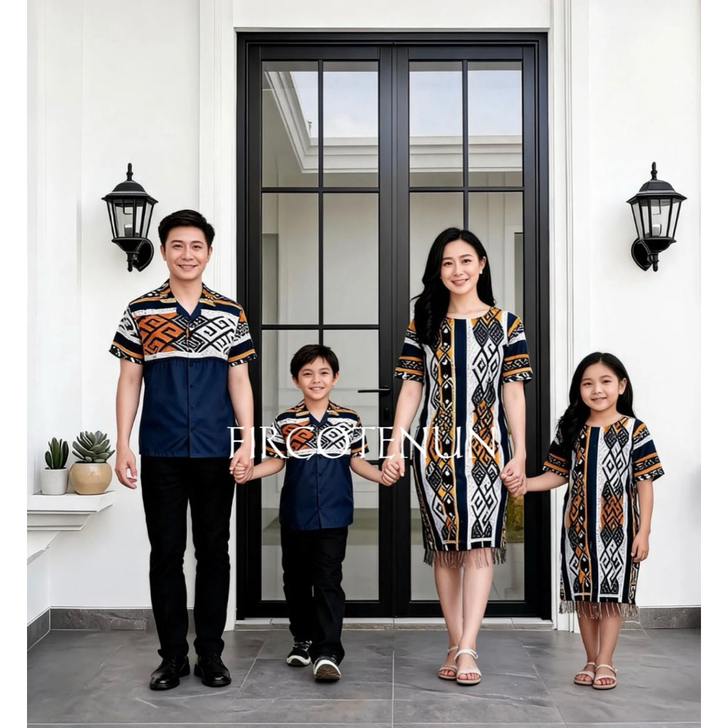 Couple Keluarga Tenun Veronika Biru - Sarimbit Keluarga Tenun - Kemeja Tenun Pria & Dress Tenun Wani