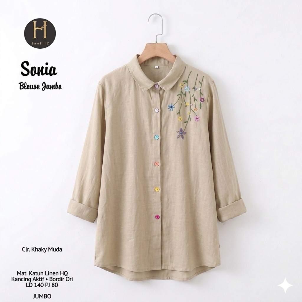 SONIA BLOUSE JUMBO LD 140 Kemeja Wanita Lengan Panjang Bordir Timbul Motif Bunga-Bunga/Pakaian Trend