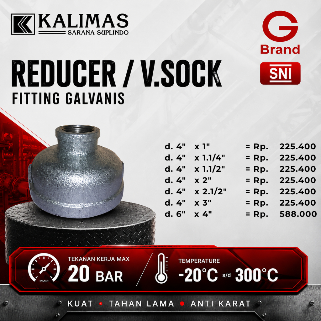 Reducer / V. Sock Galvanis Besi d. 4" - d. 6" Drat BSPT (G) | Sambungan fitting pipa besi