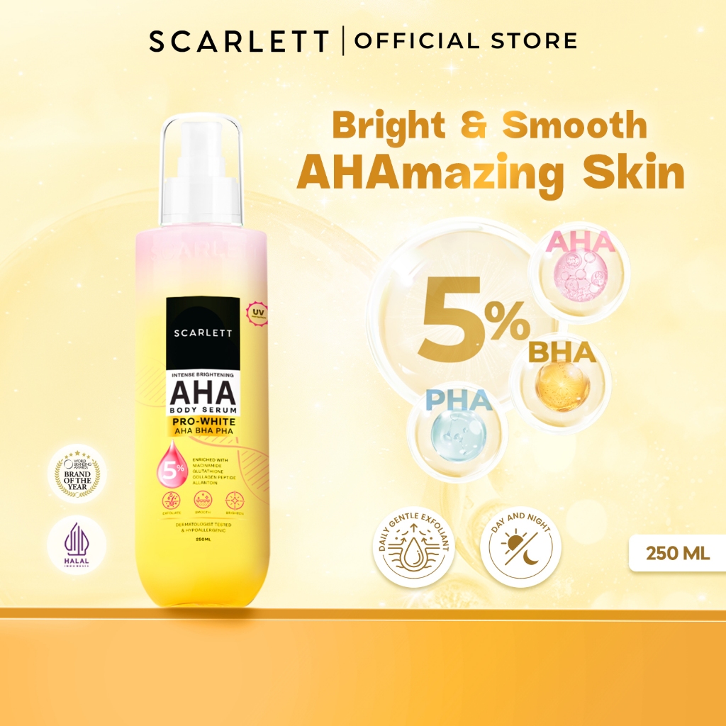 SCARLETT Intense Brightening AHA Body Serum 250ml | 5% AHA BHA PHA Mencerahkan Meratakan Warna Kulit