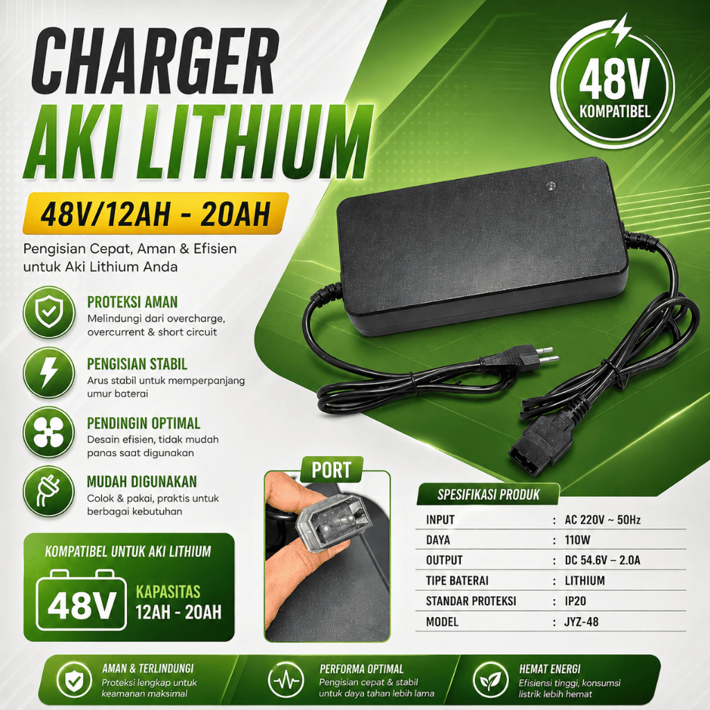 Charger Aki Lithium Sepeda Listrik 48V Universal 48V/12AH–20AH Charging Proteksi Lengkap