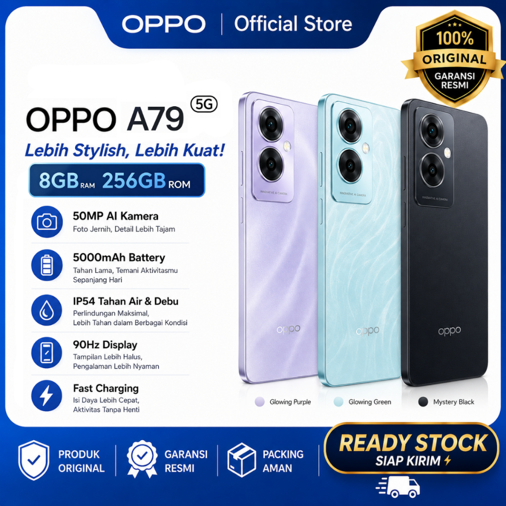 Oppo A79 5G | RAM 8GB + Memori 256GB | Baterai 5000mAh Super Besar | 33W SUPERVOOC Fast Charging | S