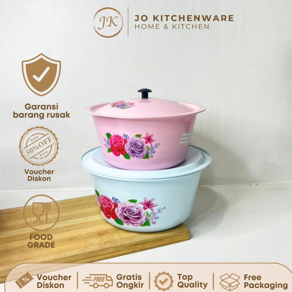 JO HOUSEWARE Baskom Tutup Seng Kembang Warna / Baskom Tutup Enamel Motif Kembang Biru & Pink Wadah L