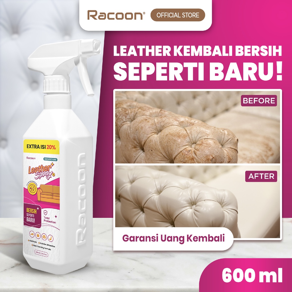RACOON Spray Pembersih Kulit 500ML + EXTRA 100ML  Sofa Kulit Jok Mobil | Racoon Leather Spray
