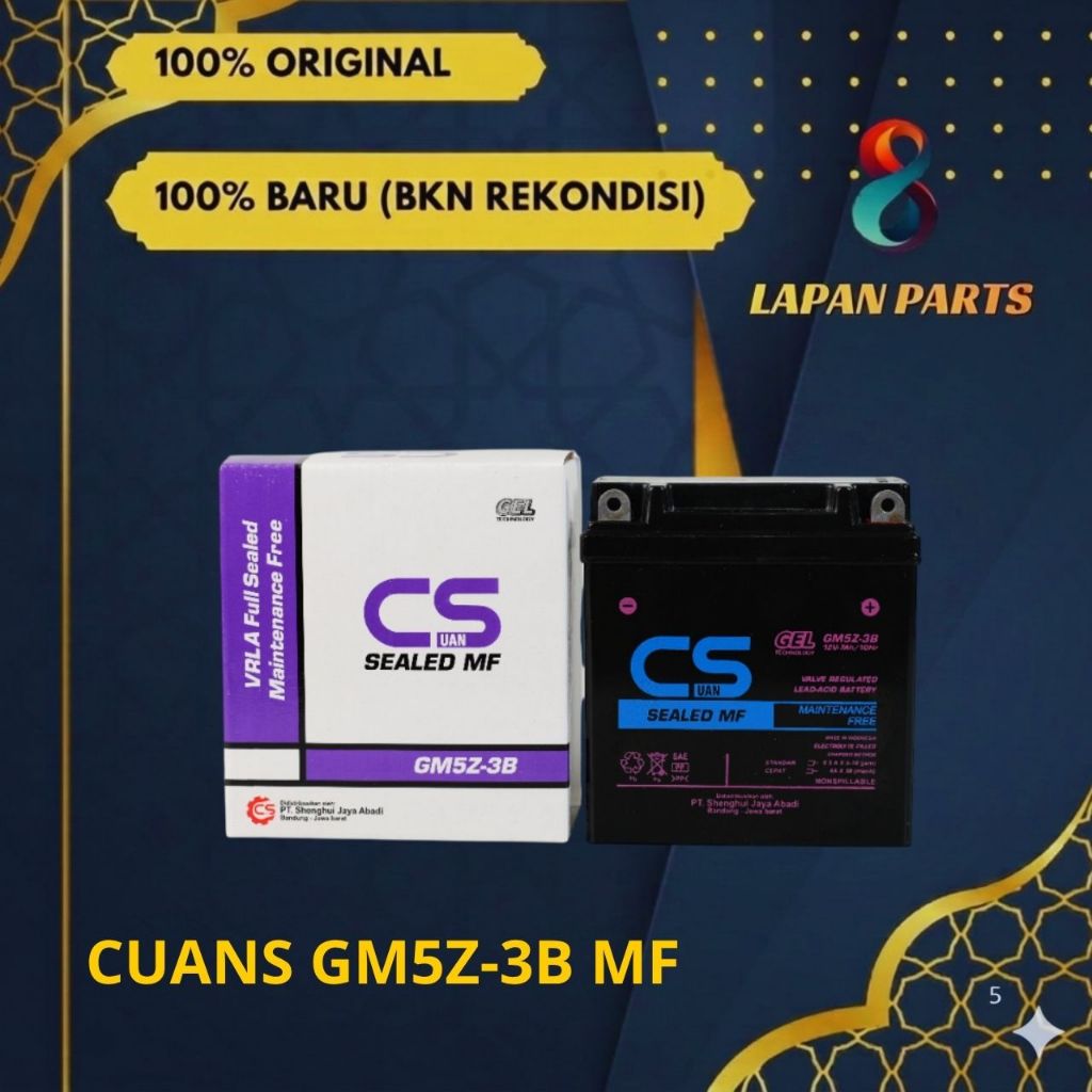 Aki motor Mio Jupiter GM5Z-3B, Aki kering bergaransi, merk : CUANS GM5Z-3B MF