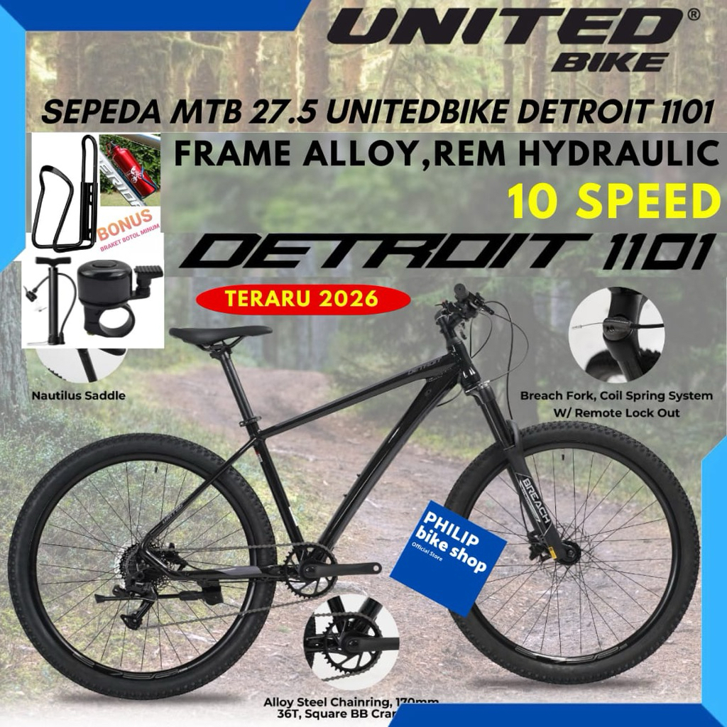 Sepeda Gunung MTB 27.5 Unitedbike Detroit 1101 Frame alloy Rem Hydraulic Fork Remote New