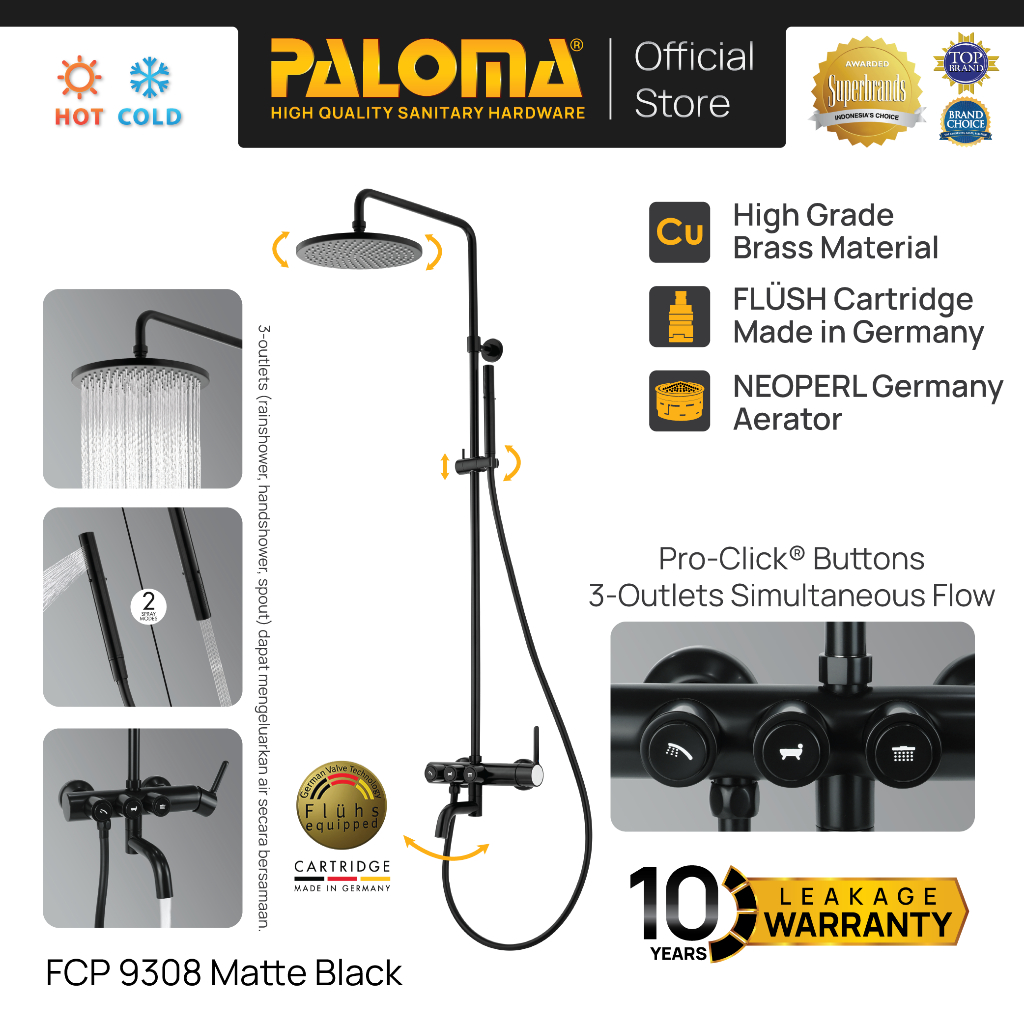 PALOMA FCP 9308 Shower Tiang Set Column Mandi Keran Kran Panas Dingin Brass Kuningan Black Hitam