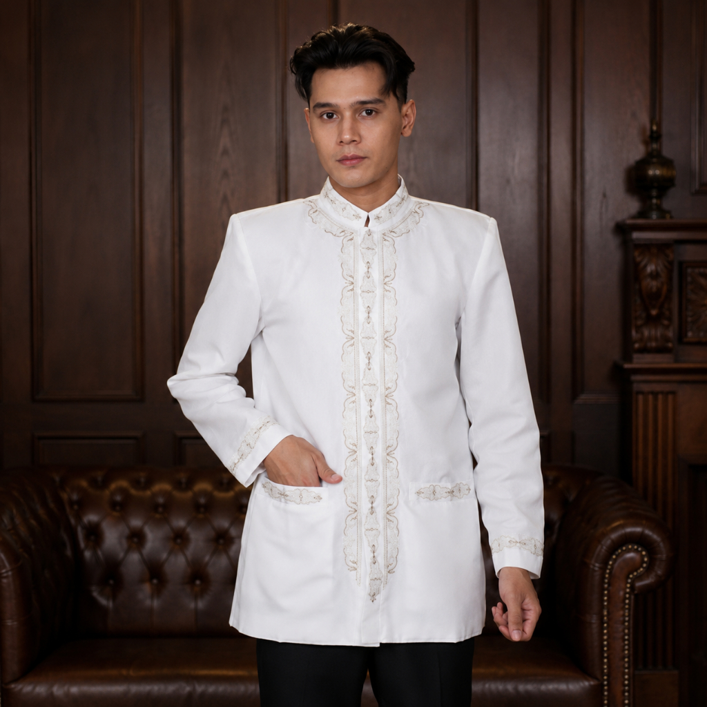 Baju Jas Koko Salafy J314 Jasko Muslim Pria Katun Tessa Bordir Putih Tulang Mewah Premium