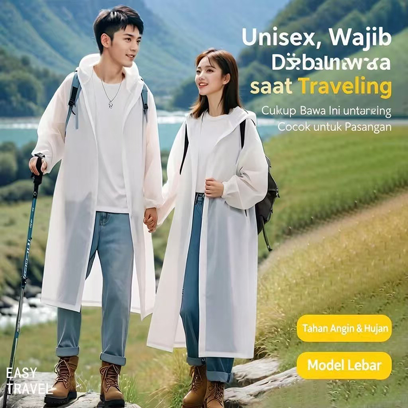 Jas hujan bahan EVA berkualitas premium, 100% anti air, ringan dan lentur. Mudah dilipat, praktis di
