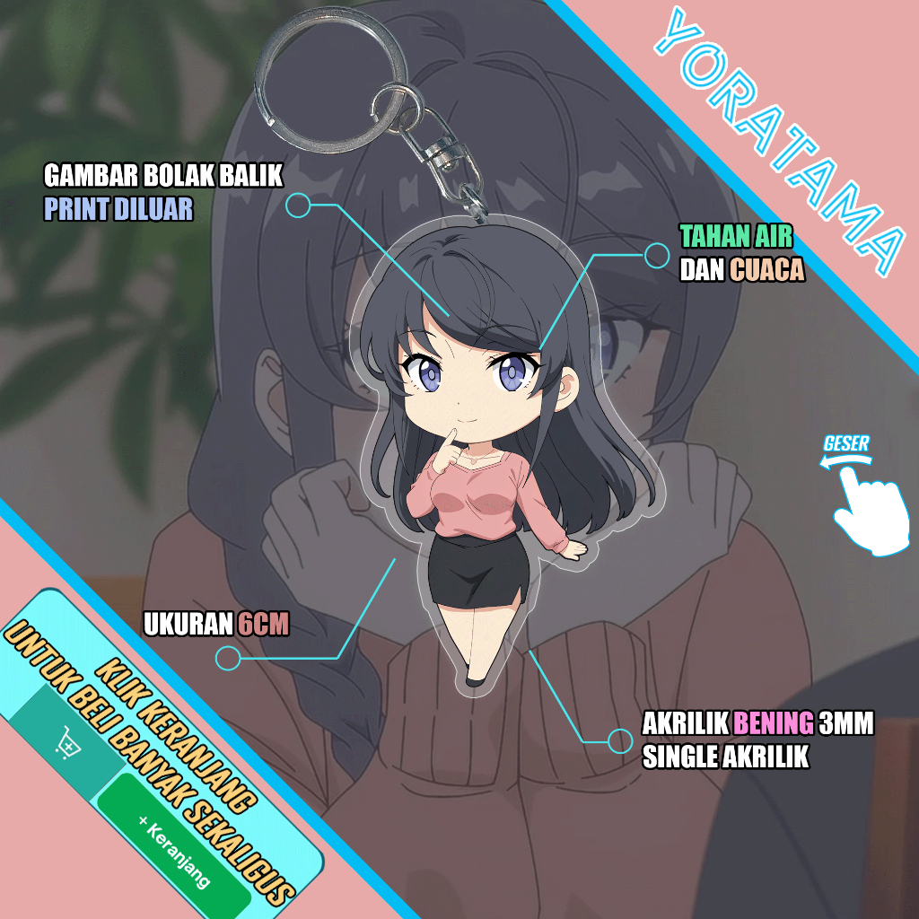 Gantungan Kunci Seishun Buta Yarou Mai Sakurajima Rio, Keychain Anime Lucu