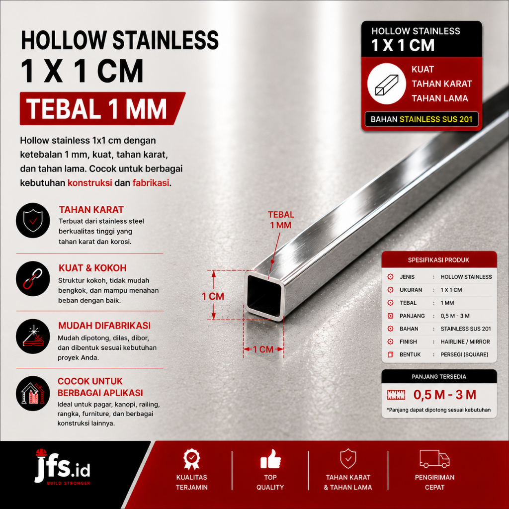 Hollow Stainless 1x1cm Tebal 1mm | Hollo Stenlis | Pipa Kotak Stainless
