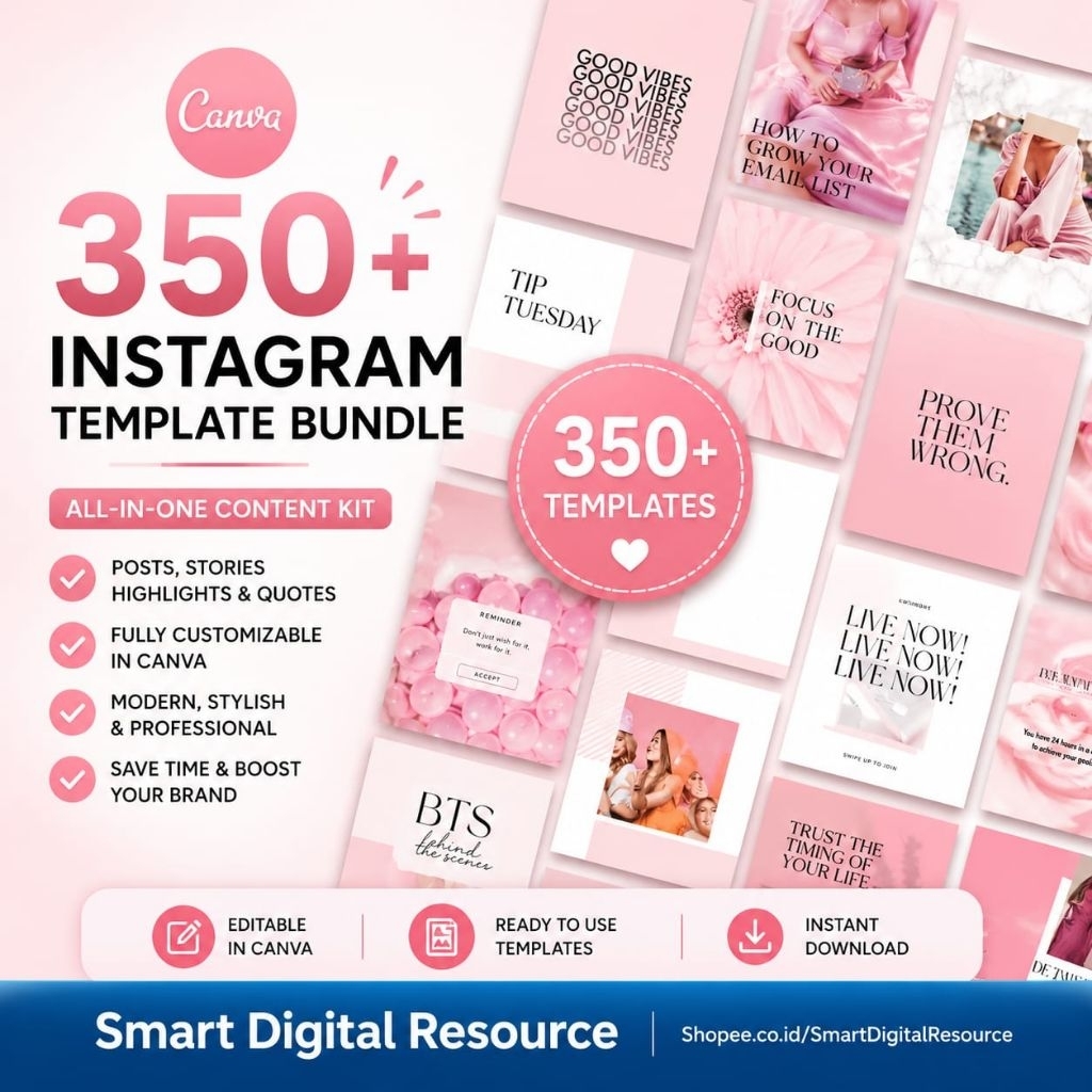 Pink Instagram Post Stories Template Canva, Instagram Branding, Pink White Canva Template, Instagram