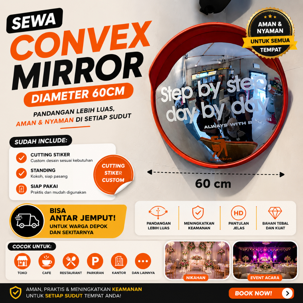 Sewa/Beli Convex Mirror Kaca Cembung Custom | Convex Mirror + Standing | Sewa Convex Mirror Area Dep