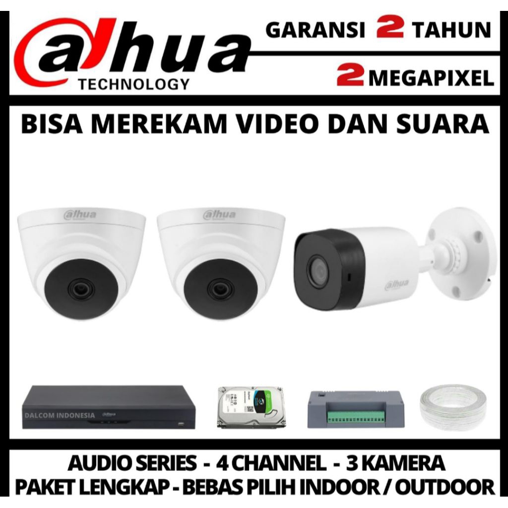 paket cctv dahua 2MP 4 channel 3 kamera audio 1080p camera cctv paket lengkap