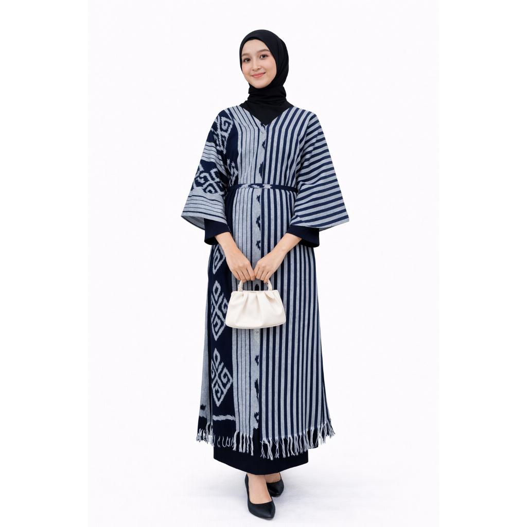 kaftan Cardigan Panjang Tenun ikat Wanita - salur biru