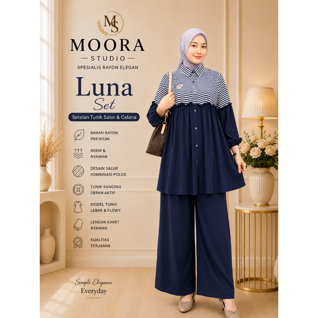 Luna Set | Setelan Tunik Salur Rayon Premium Wanita Kancing Depan Celana Kulot Adem Elegan