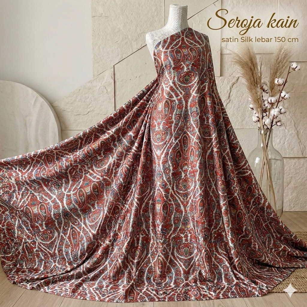 Kain Satin Silk Seroja Lebar 150cm Motif Paisley Batik Etnik Premium / Bahan Gamis Dress Tunik Mewah