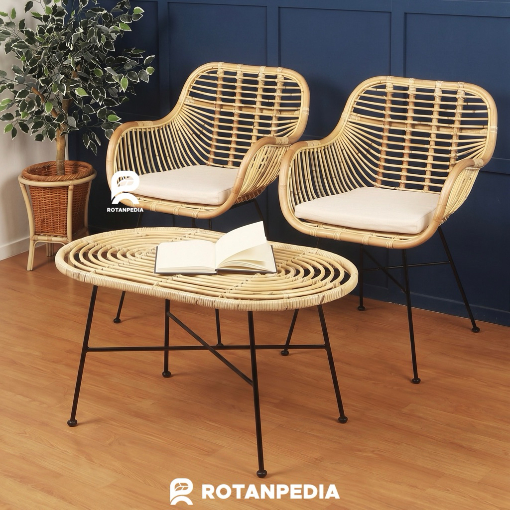 Kursi Teras Rotan Minimalis Rangka Besi 1 Set / Kursi Cafe / Kursi Makan Rotan - Rotanpedia