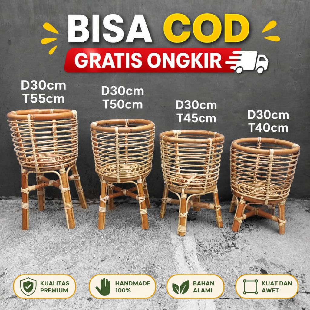 READY STOCK Pot rotan murah // pot rotan tinggi // standing pot rotan 70cm //Vas bunga Rotan