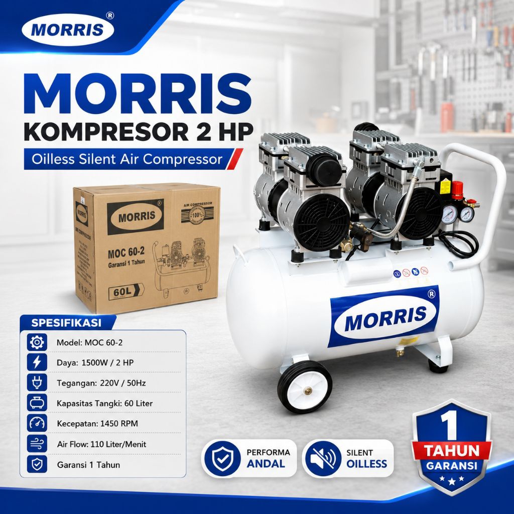 Kompresor Angin MORRIS MOC 60-2 Oilless Silent 60L 2HP Air Compressor