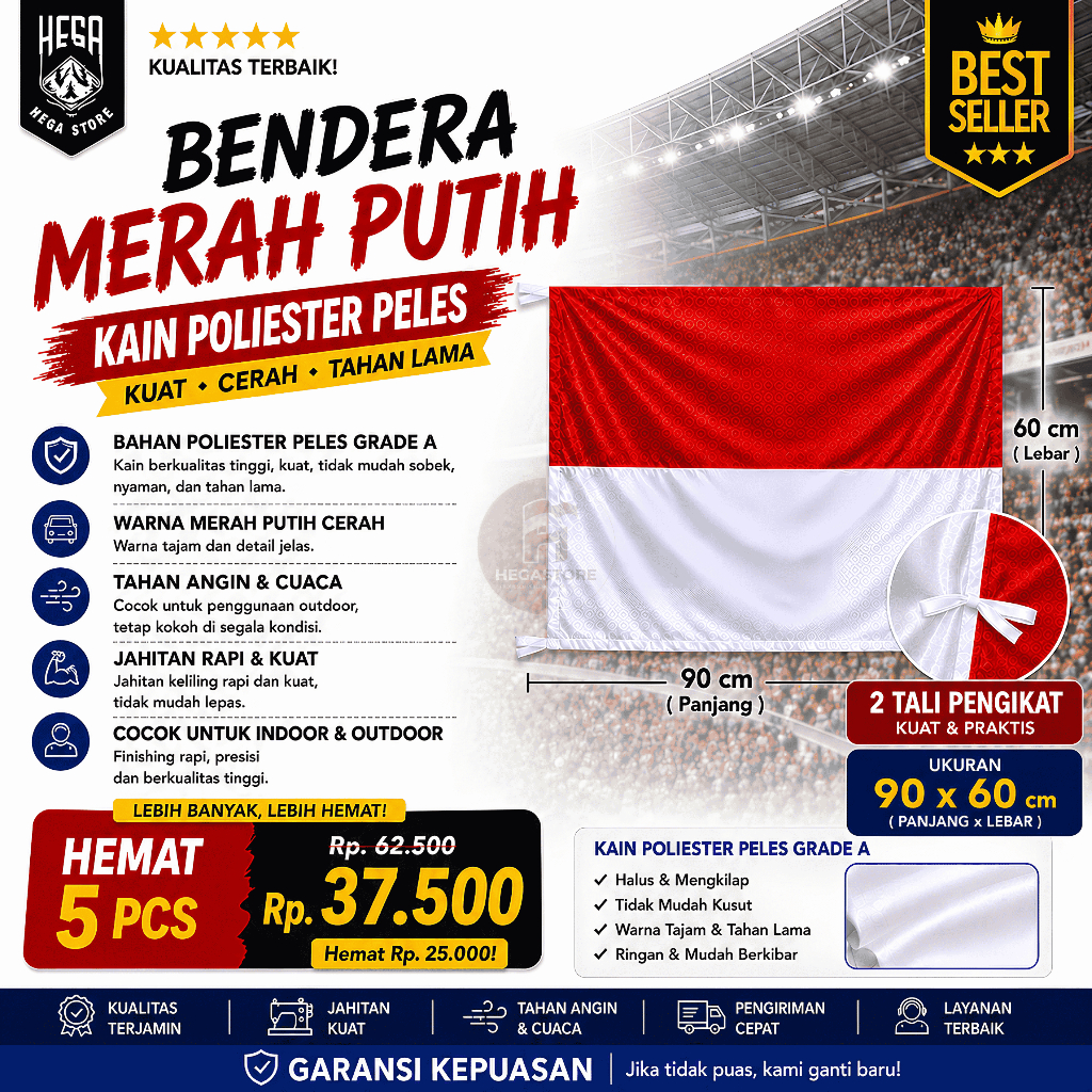 (5pcs) Bendera Merah Putih 90×60 cm – Kain Satin Peles Tebal, Tali Pengikat – untuk Tiang Rumah & Up